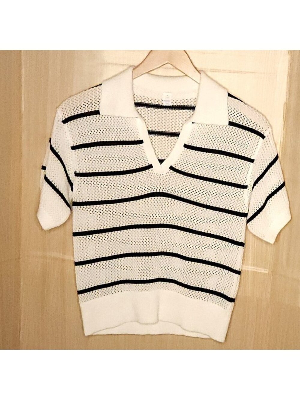 Old Navy Black White Stripe Nautical Open Knit Short Sleeve Collared sweater S